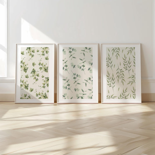 Botanical Pattern Wall Prints, Set of 3  Boho Wall Art, Home Decor, Green Calm Floral Poster, Beige, Mid-Century Style Art B024