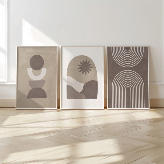 Set of 3 Boho Wall Art Prints, Desert Boho Home Decor, Boho Abstract Geometric Posters, Sun Poster, Beige Living Room Art, Mid Century B016