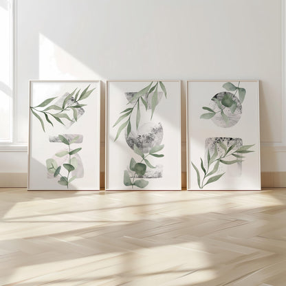 Set of 3 Boho Wall Art Prints, Sage Green Wall Prints, Boho Posters, Geometric Wall Poster, Green Floral Wall Decor, Eucalyptus Print B020