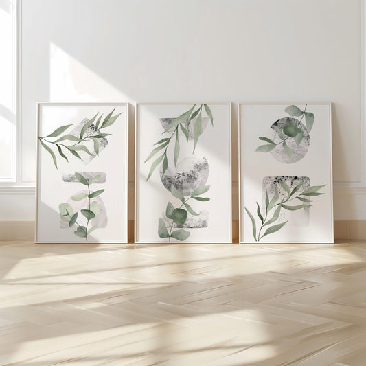 Set of 3 Boho Wall Art Prints, Sage Green Wall Prints, Boho Posters, Geometric Wall Poster, Green Floral Wall Decor, Eucalyptus Print B020
