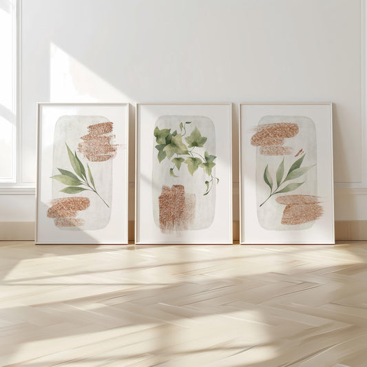 Set of 3 Boho Wall Prints, Boho Wall Art, Botanical Wall Prints, Boho Abstract Posters, Geometric Wall Poster, Green Copper Wall Decor B014