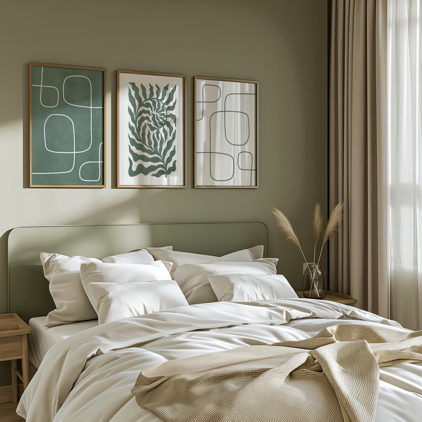 Sage Green Japandi Botanical Prints – Minimalist Scandinavian Wall Art for Living Room, Modern Neutral Gallery Decor B057