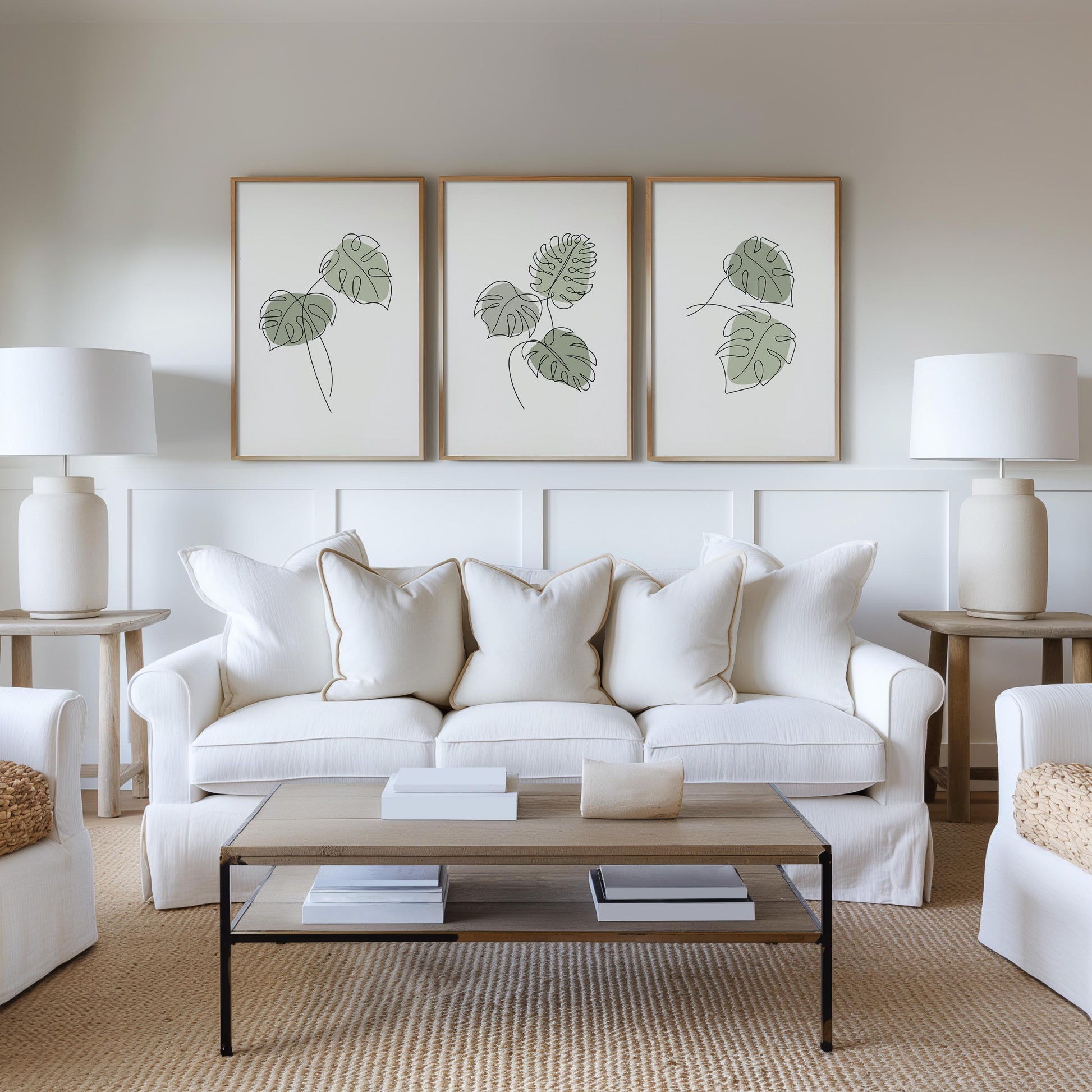 Monstera Wall Art Set of 3 – Green Botanical Line Prints, Tropical Minimalist Plant Decor for Living Room B45