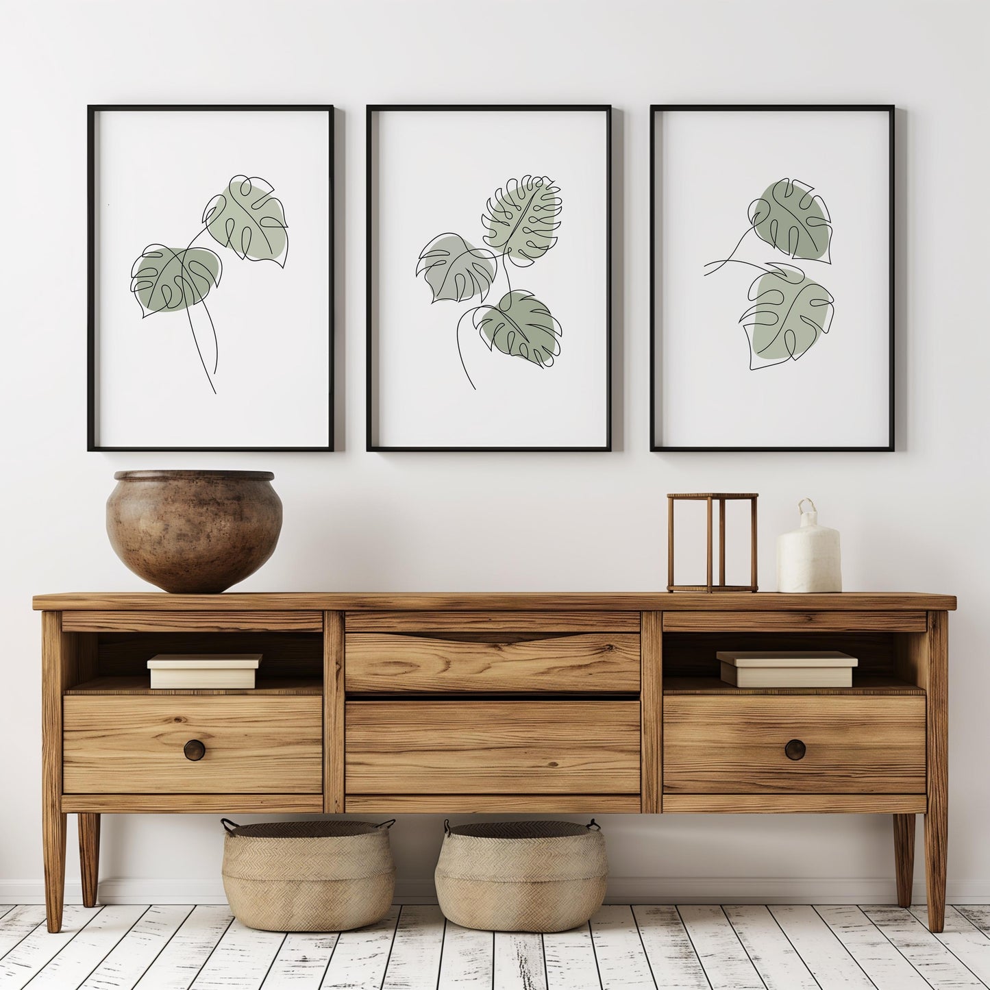 Monstera Wall Art Set of 3 – Green Botanical Line Prints, Tropical Minimalist Plant Decor for Living Room B45