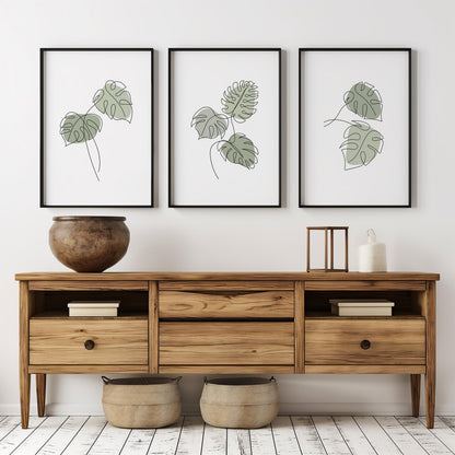 Monstera Wall Art Set of 3 – Green Botanical Line Prints, Tropical Minimalist Plant Decor for Living Room B45