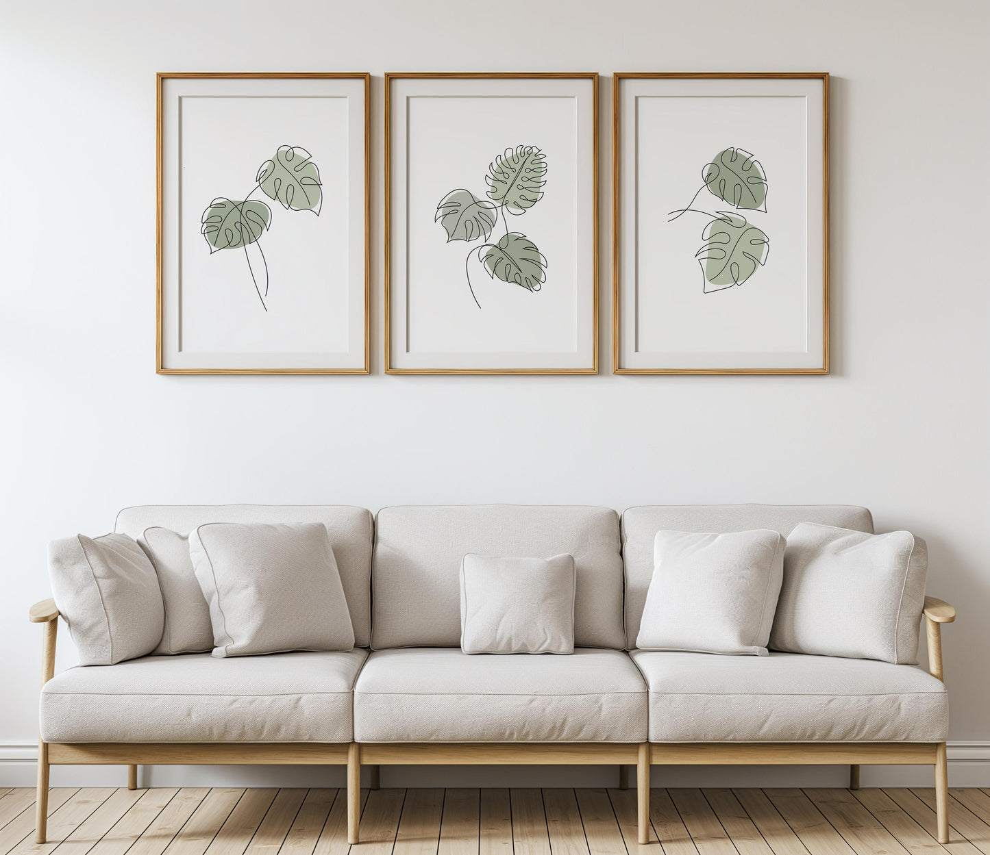 Monstera Wall Art Set of 3 – Green Botanical Line Prints, Tropical Minimalist Plant Decor for Living Room B45