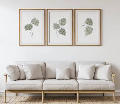 Monstera Wall Art Set of 3 – Green Botanical Line Prints, Tropical Minimalist Plant Decor for Living Room B45