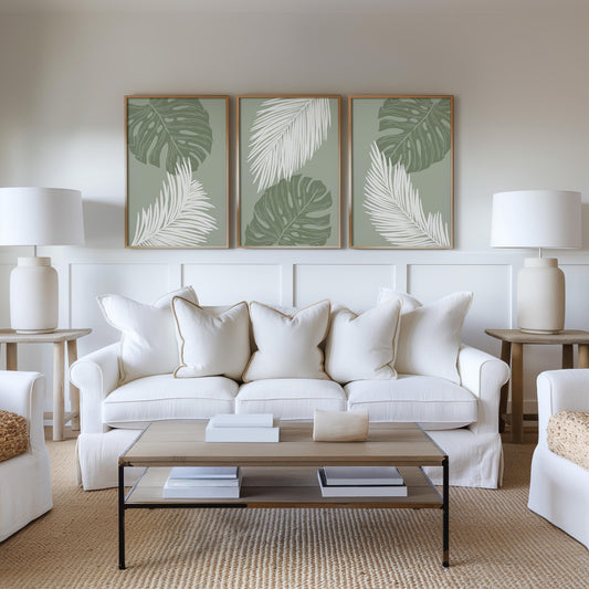 Palm Leaf Wall Art Print Set, Green Botanical Poster Trio, Tropical Minimalist Decor for Living Room, Nature-Inspired Modern Art B46