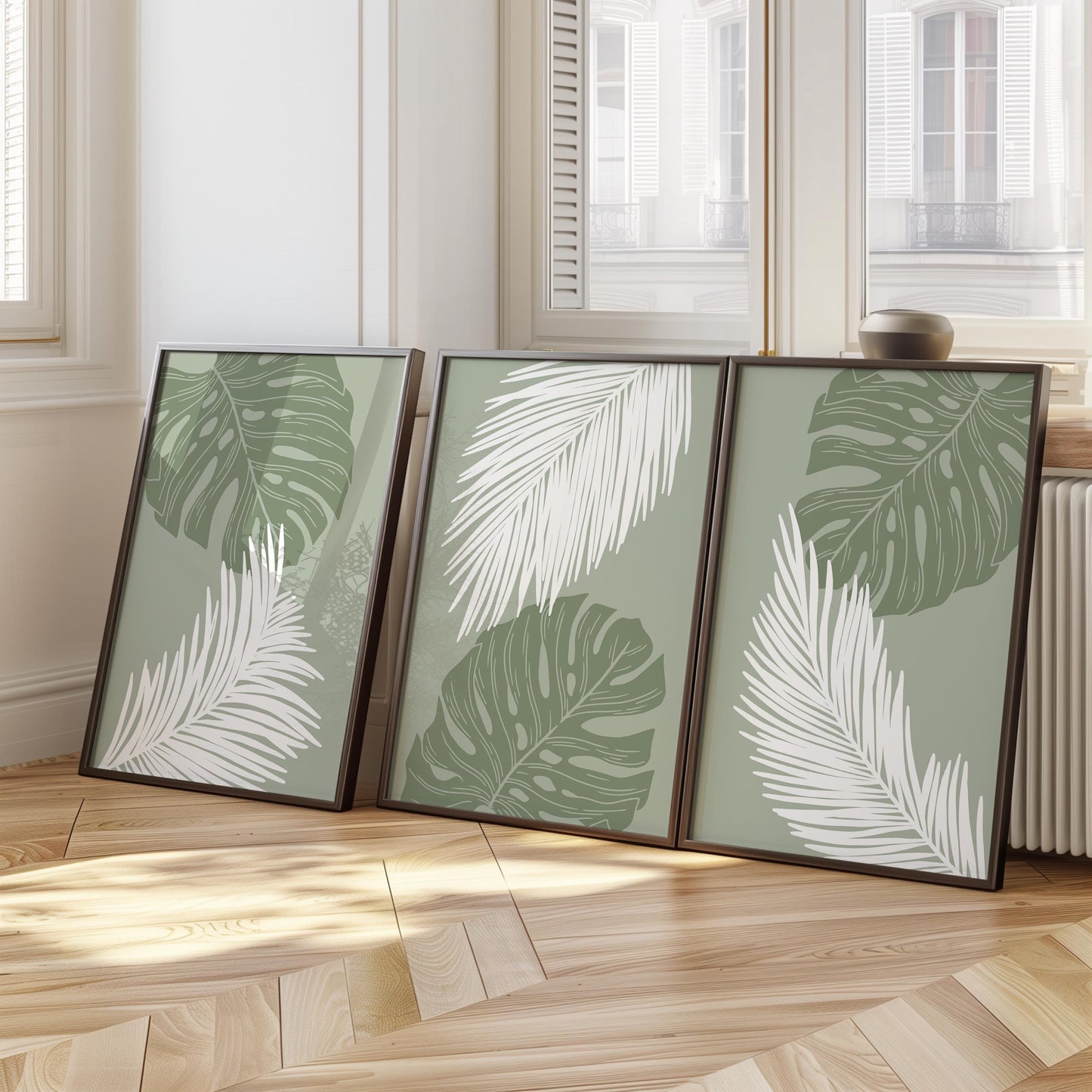 Palm Leaf Wall Art Print Set, Green Botanical Poster Trio, Tropical Minimalist Decor for Living Room, Nature-Inspired Modern Art B46