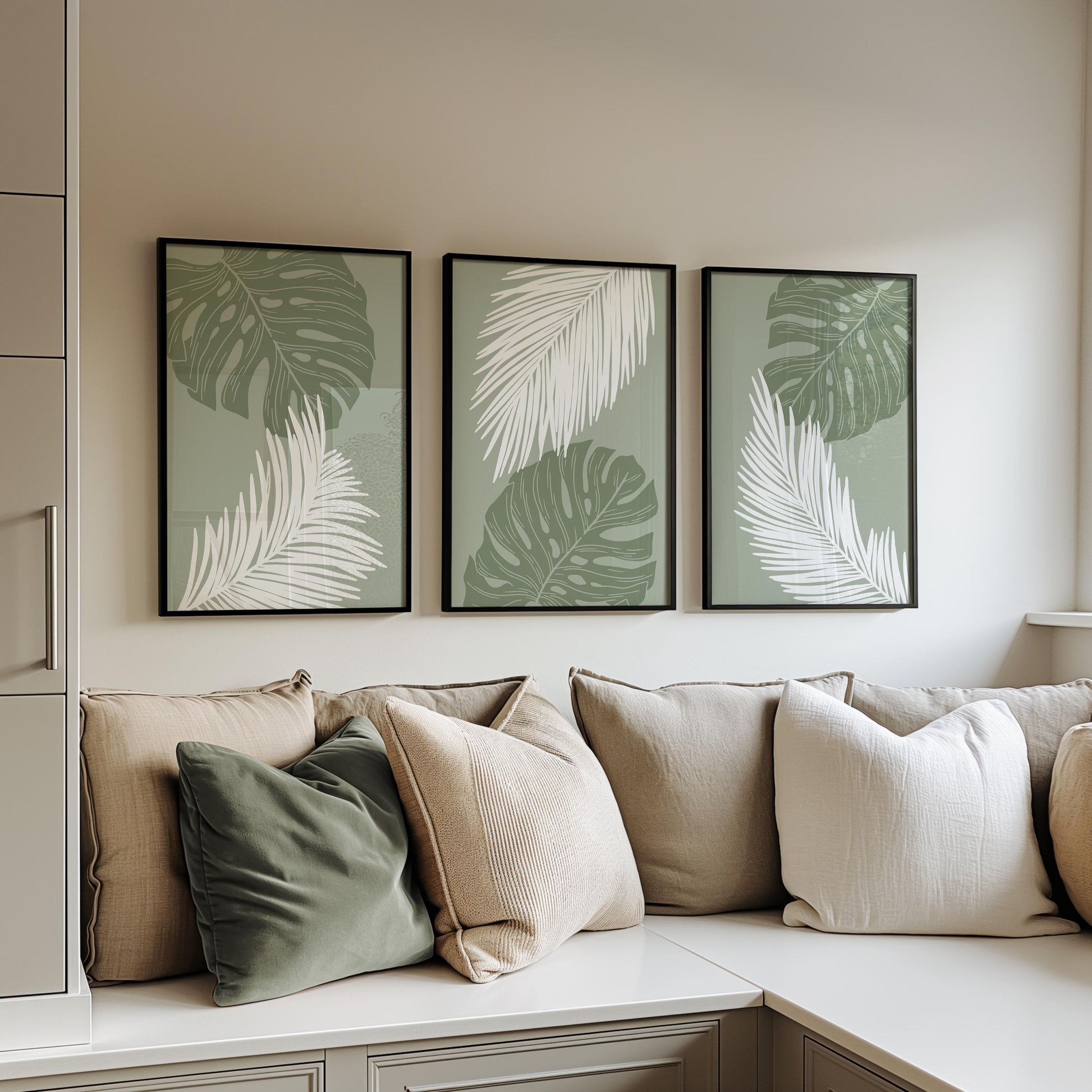 Palm Leaf Wall Art Print Set, Green Botanical Poster Trio, Tropical Minimalist Decor for Living Room, Nature-Inspired Modern Art B46