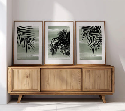 Sage Green Palm Leaf Wall Art Set of 3 Prints, Tropical Boho Posters for Coastal Living Room Decor, Minimalist Gallery Wall B47