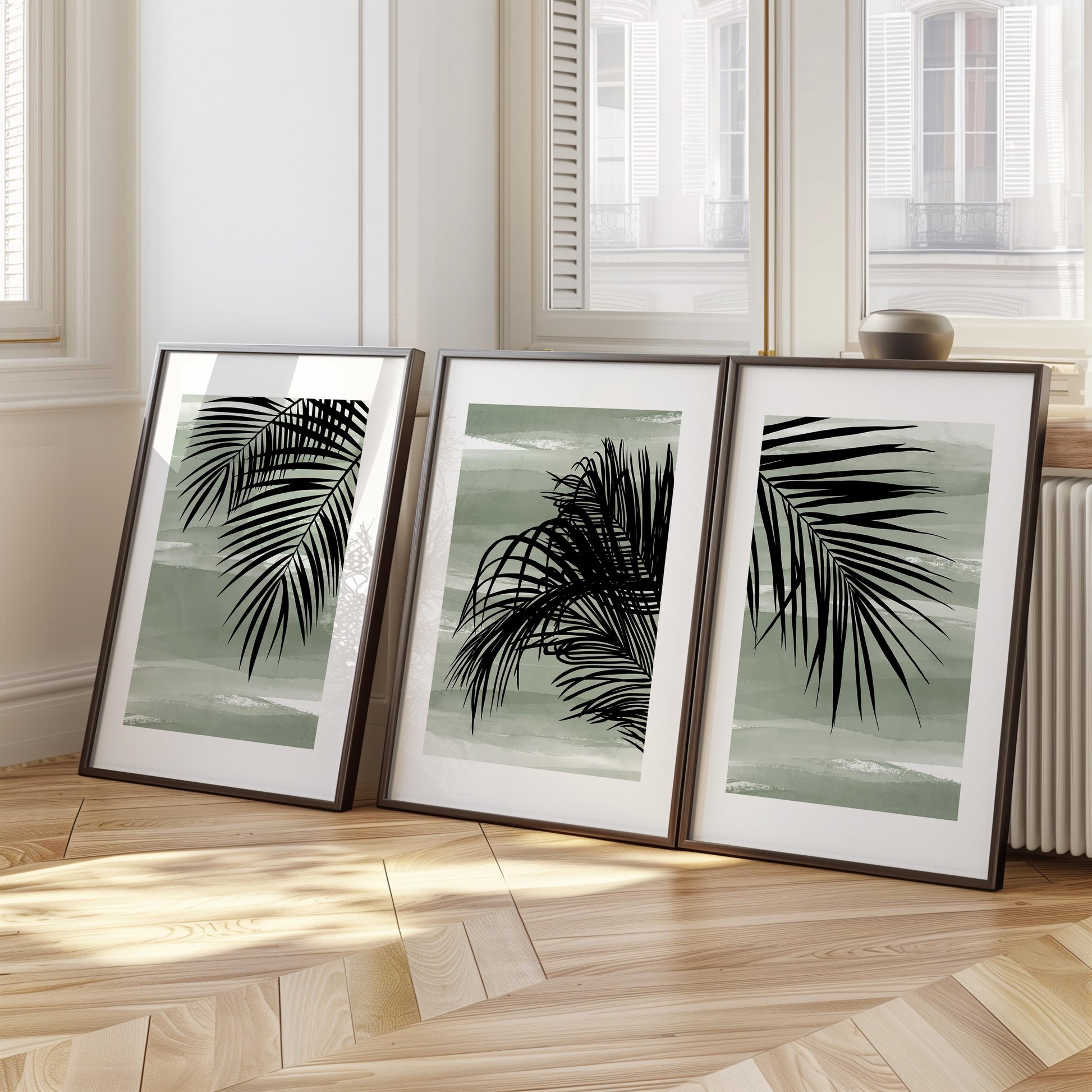 Sage Green Palm Leaf Wall Art Set of 3 Prints, Tropical Boho Posters for Coastal Living Room Decor, Minimalist Gallery Wall B47