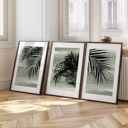 Sage Green Palm Leaf Wall Art Set of 3 Prints, Tropical Boho Posters for Coastal Living Room Decor, Minimalist Gallery Wall B47