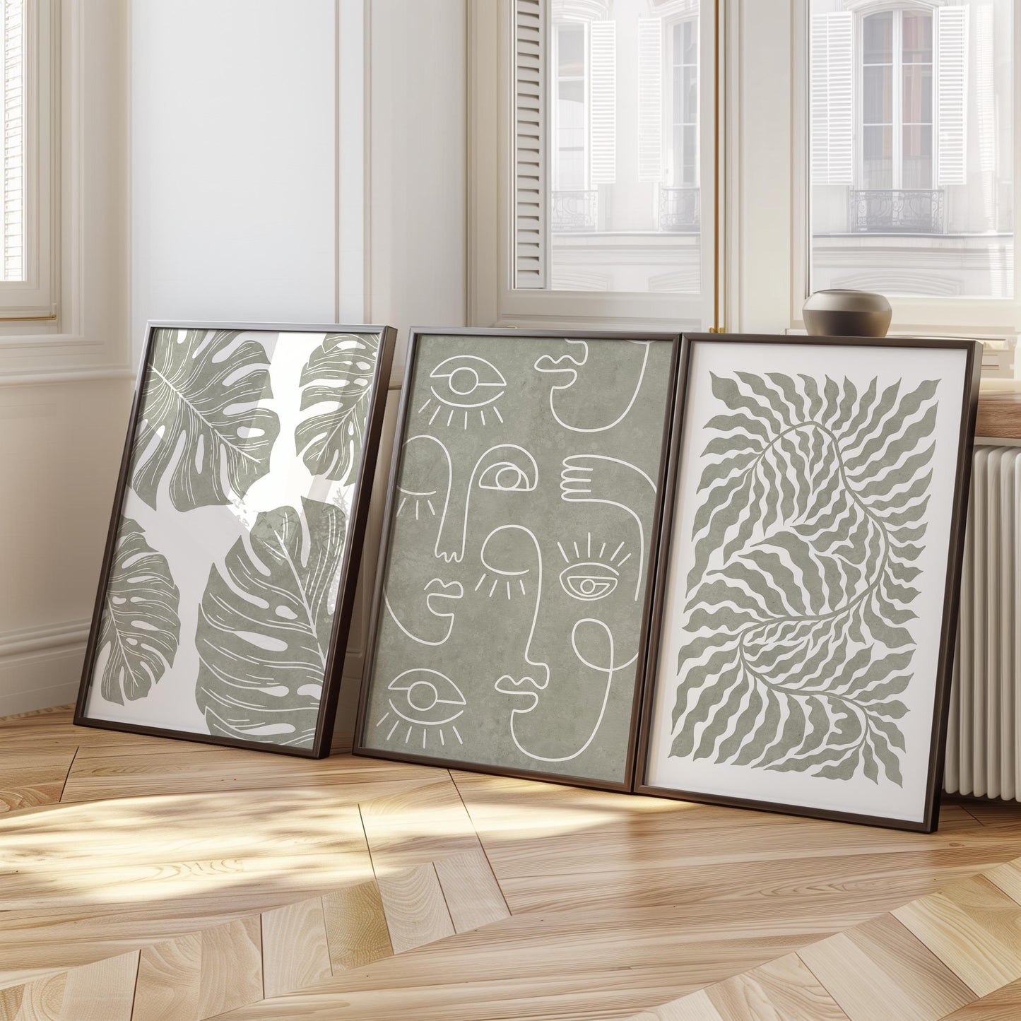 Abstract Face & Monstera Wall Art Set – Sage Green Line Art Prints – Minimalist Botanical Decor for Boho or Modern Interiors B48