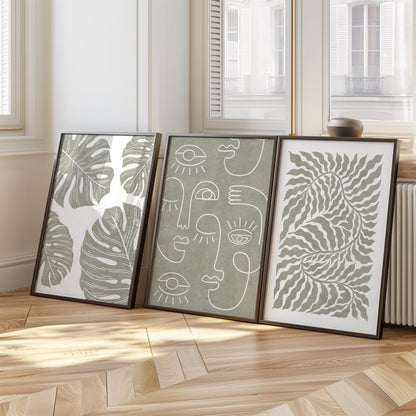 Abstract Face & Monstera Wall Art Set – Sage Green Line Art Prints – Minimalist Botanical Decor for Boho or Modern Interiors B48