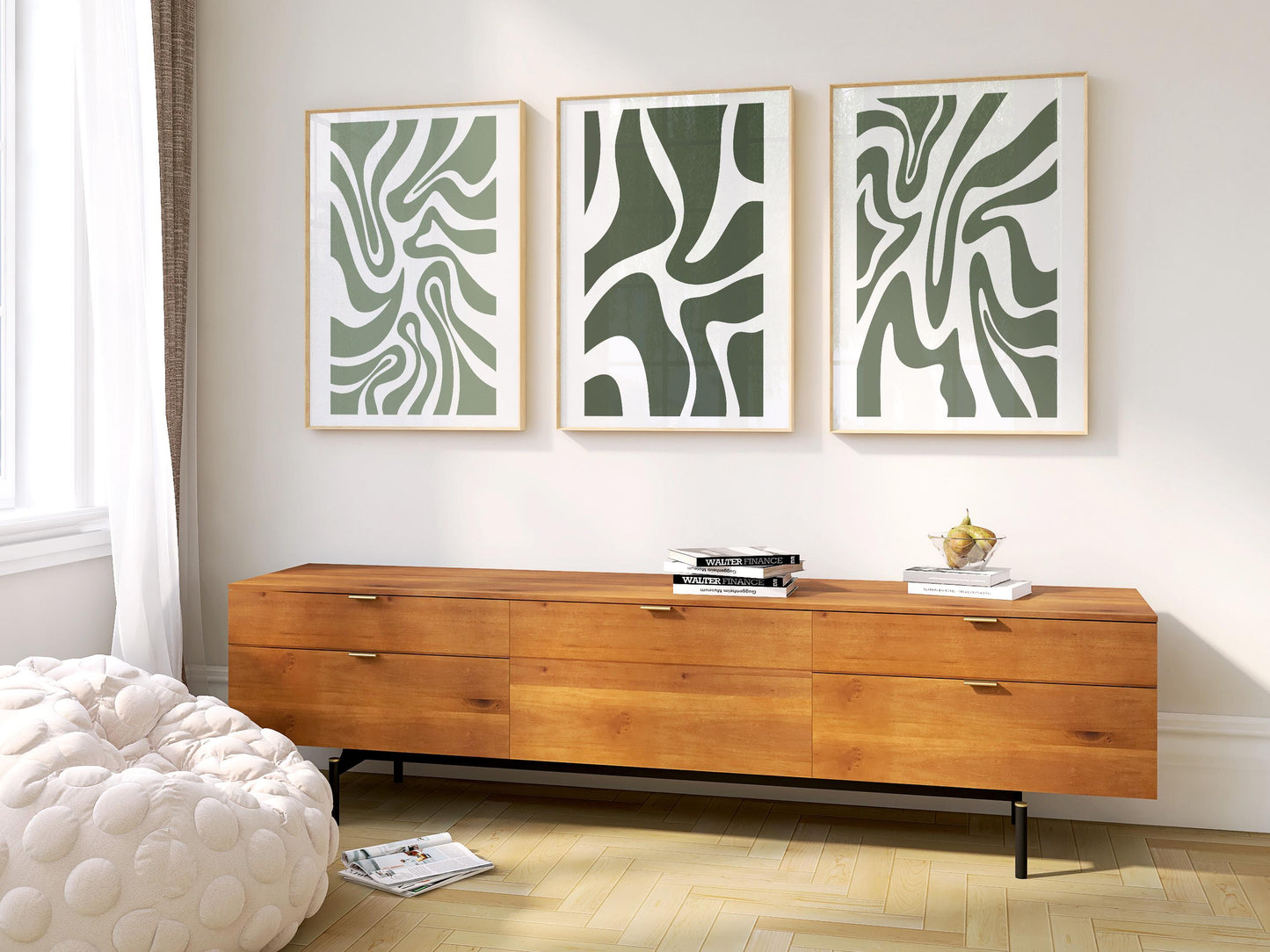 Abstract Green Wall Art – Organic Shape Poster Trio in Sage Olive – Minimalist Print Set for Modern Neutral Living Room or Bedroom Decor B49