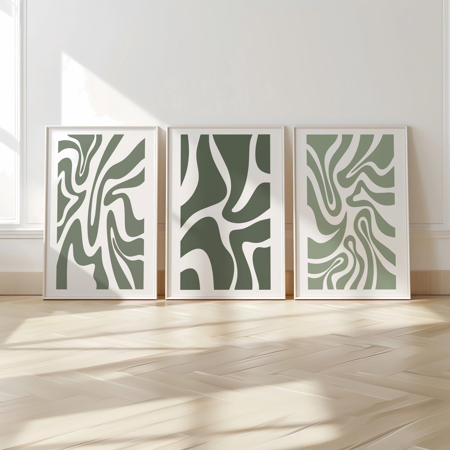 Abstract Green Wall Art – Organic Shape Poster Trio in Sage Olive – Minimalist Print Set for Modern Neutral Living Room or Bedroom Decor B49
