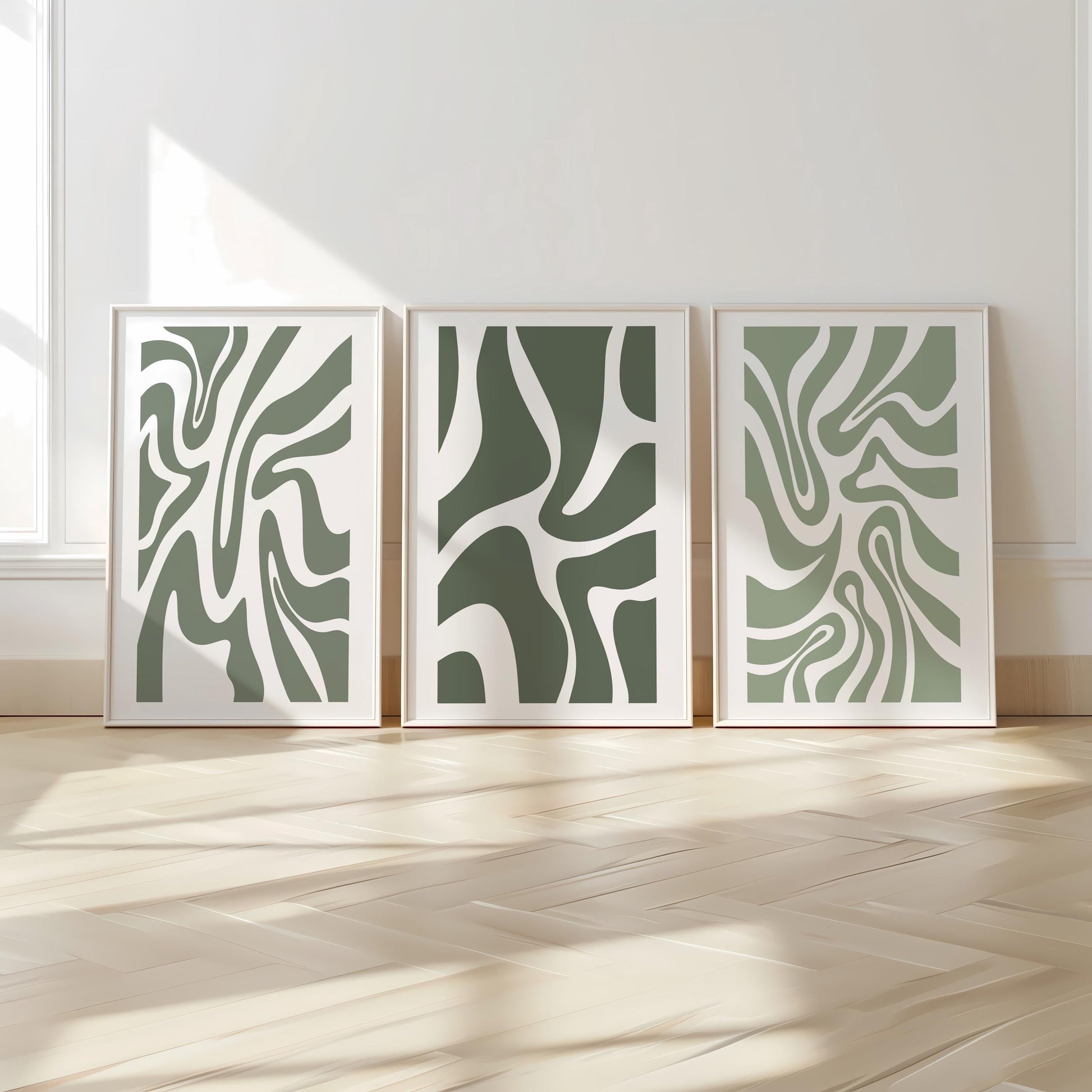 Abstract Green Wall Art – Organic Shape Poster Trio in Sage Olive – Minimalist Print Set for Modern Neutral Living Room or Bedroom Decor B49