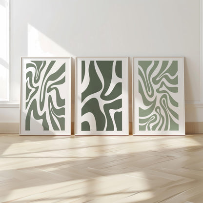 Abstract Green Wall Art – Organic Shape Poster Trio in Sage Olive – Minimalist Print Set for Modern Neutral Living Room or Bedroom Decor B49