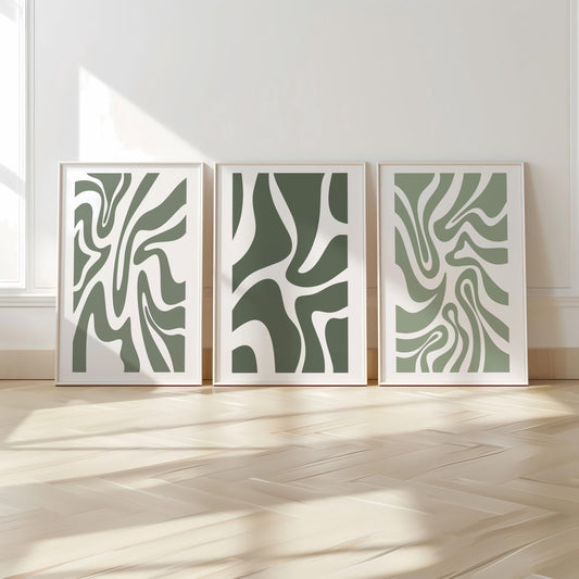 Abstract Green Wall Art – Organic Shape Poster Trio in Sage Olive – Minimalist Print Set for Modern Neutral Living Room or Bedroom Decor B49