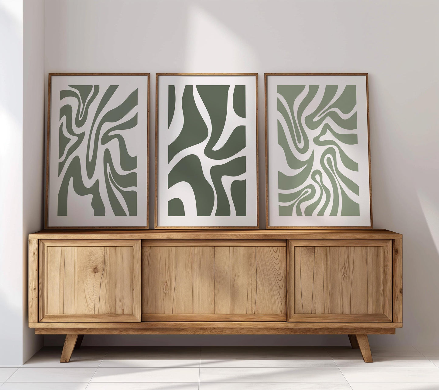 Abstract Green Wall Art – Organic Shape Poster Trio in Sage Olive – Minimalist Print Set for Modern Neutral Living Room or Bedroom Decor B49