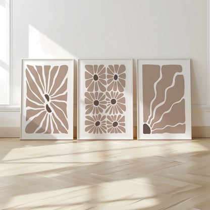 Boho Floral Botanical Wall Art Set of 3: Beige Abstract Prints, Neutral Minimalist Posters for Modern Living Room Decor B50