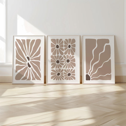 Boho Floral Botanical Wall Art Set of 3: Beige Abstract Prints, Neutral Minimalist Posters for Modern Living Room Decor B50