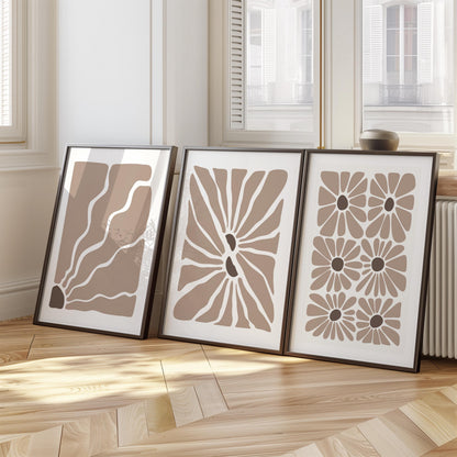 Boho Floral Botanical Wall Art Set of 3: Beige Abstract Prints, Neutral Minimalist Posters for Modern Living Room Decor B50