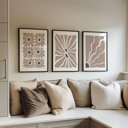 Boho Floral Botanical Wall Art Set of 3: Beige Abstract Prints, Neutral Minimalist Posters for Modern Living Room Decor B50