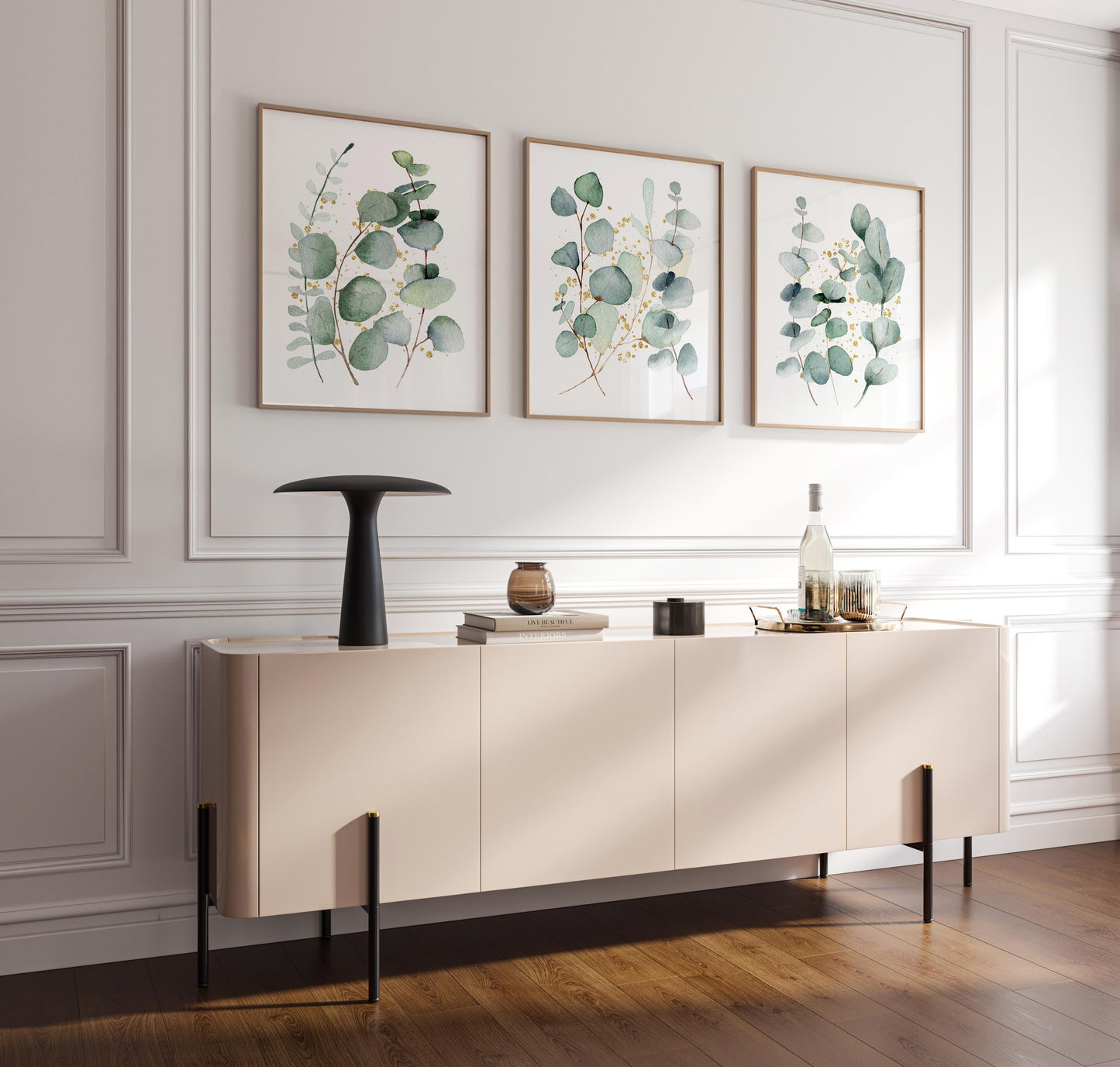 Eucalyptus Wall Art Set of 3: Gold Accent Botanical Prints F3