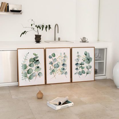 Eucalyptus Wall Art Set of 3: Gold Accent Botanical Prints F3