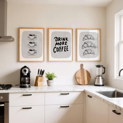 Coffee Croissant Print – Black and White Kitchen Wall Art (Physical Print) D149