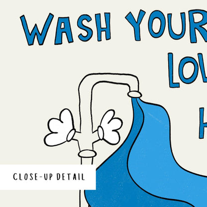 Hand Drawn Wash Your Hands Print, Retro Bathroom Wall Art MR22