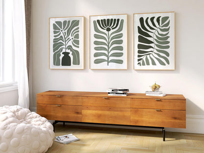 Abstract Botanical Wall Art Set, Green Leaf Vase Prints in Scandinavian Style, Minimalist Plant Decor for Modern Living Room or Bedroom B51
