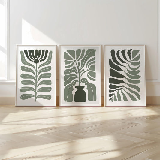 Abstract Botanical Wall Art Set, Green Leaf Vase Prints in Scandinavian Style, Minimalist Plant Decor for Modern Living Room or Bedroom B51