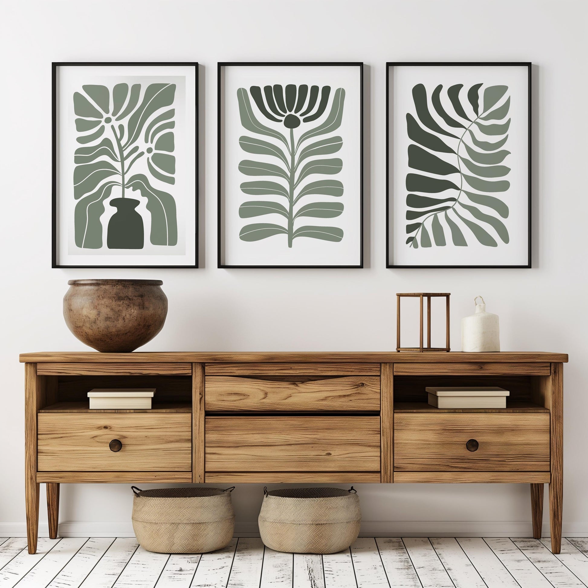 Abstract Botanical Wall Art Set, Green Leaf Vase Prints in Scandinavian Style, Minimalist Plant Decor for Modern Living Room or Bedroom B51