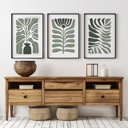 Abstract Botanical Wall Art Set, Green Leaf Vase Prints in Scandinavian Style, Minimalist Plant Decor for Modern Living Room or Bedroom B51