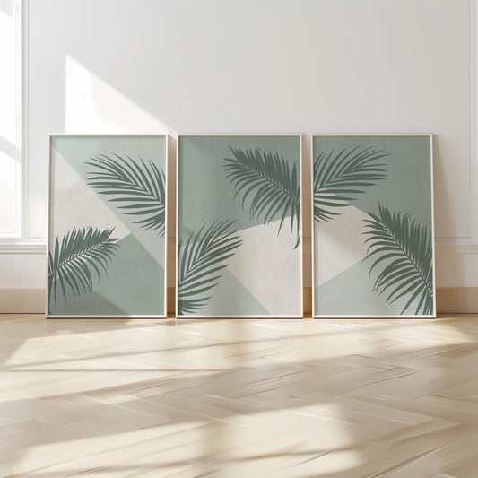 Palm Leaf Wall Art Set of 3 – Green Botanical Prints for Modern Living Room, Bedroom or Kitchen – Tropical Decor B058