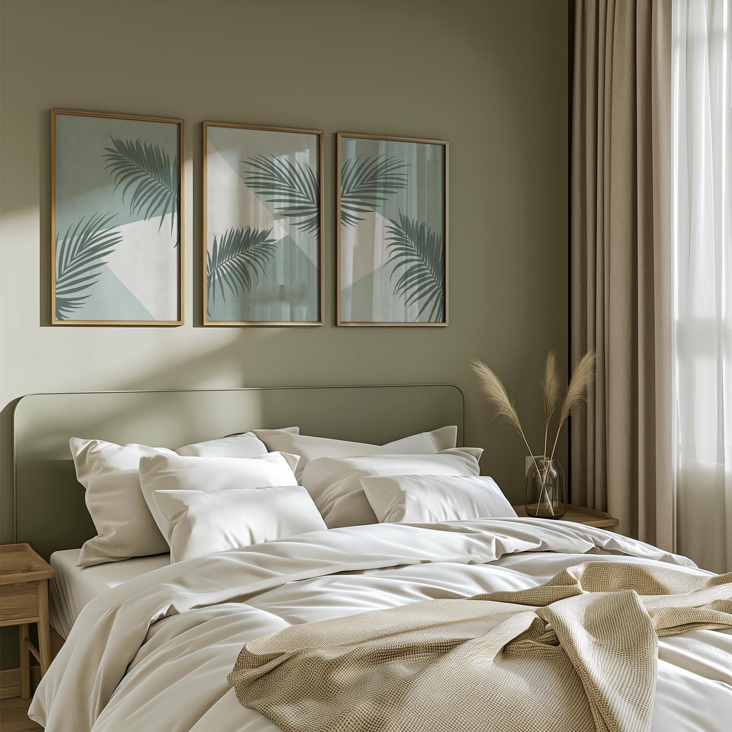Palm Leaf Wall Art Set of 3 – Green Botanical Prints for Modern Living Room, Bedroom or Kitchen – Tropical Decor B058