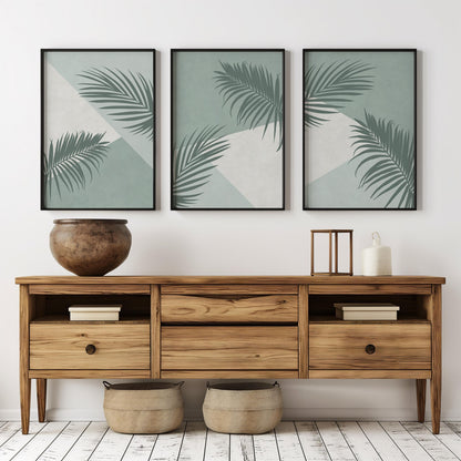 Palm Leaf Wall Art Set of 3 – Green Botanical Prints for Modern Living Room, Bedroom or Kitchen – Tropical Decor B058