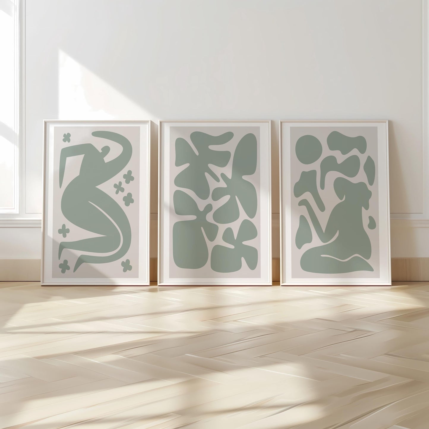 Abstract Green Wall Art Set – Mid Century Modern Posters for Living Room, Minimalist Line Art Prints, Neutral Boho Home Decor B52