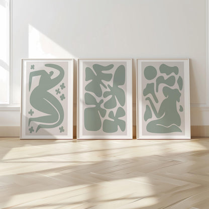Abstract Green Wall Art Set – Mid Century Modern Posters for Living Room, Minimalist Line Art Prints, Neutral Boho Home Decor B52