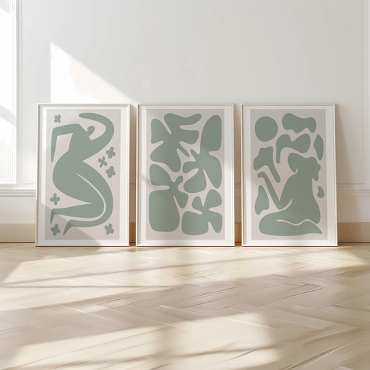 Abstract Green Wall Art Set – Mid Century Modern Posters for Living Room, Minimalist Line Art Prints, Neutral Boho Home Decor B52