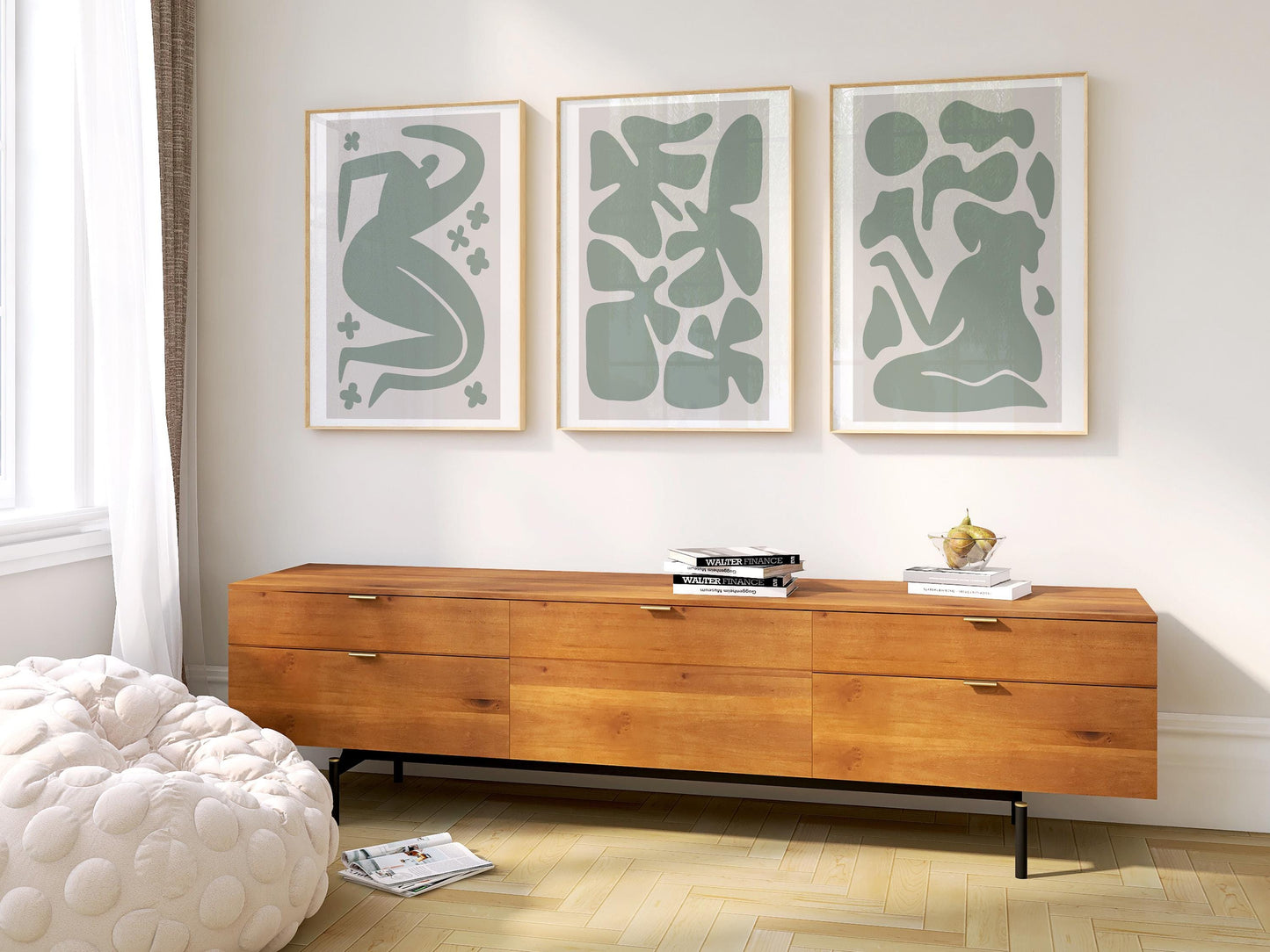 Abstract Green Wall Art Set – Mid Century Modern Posters for Living Room, Minimalist Line Art Prints, Neutral Boho Home Decor B52