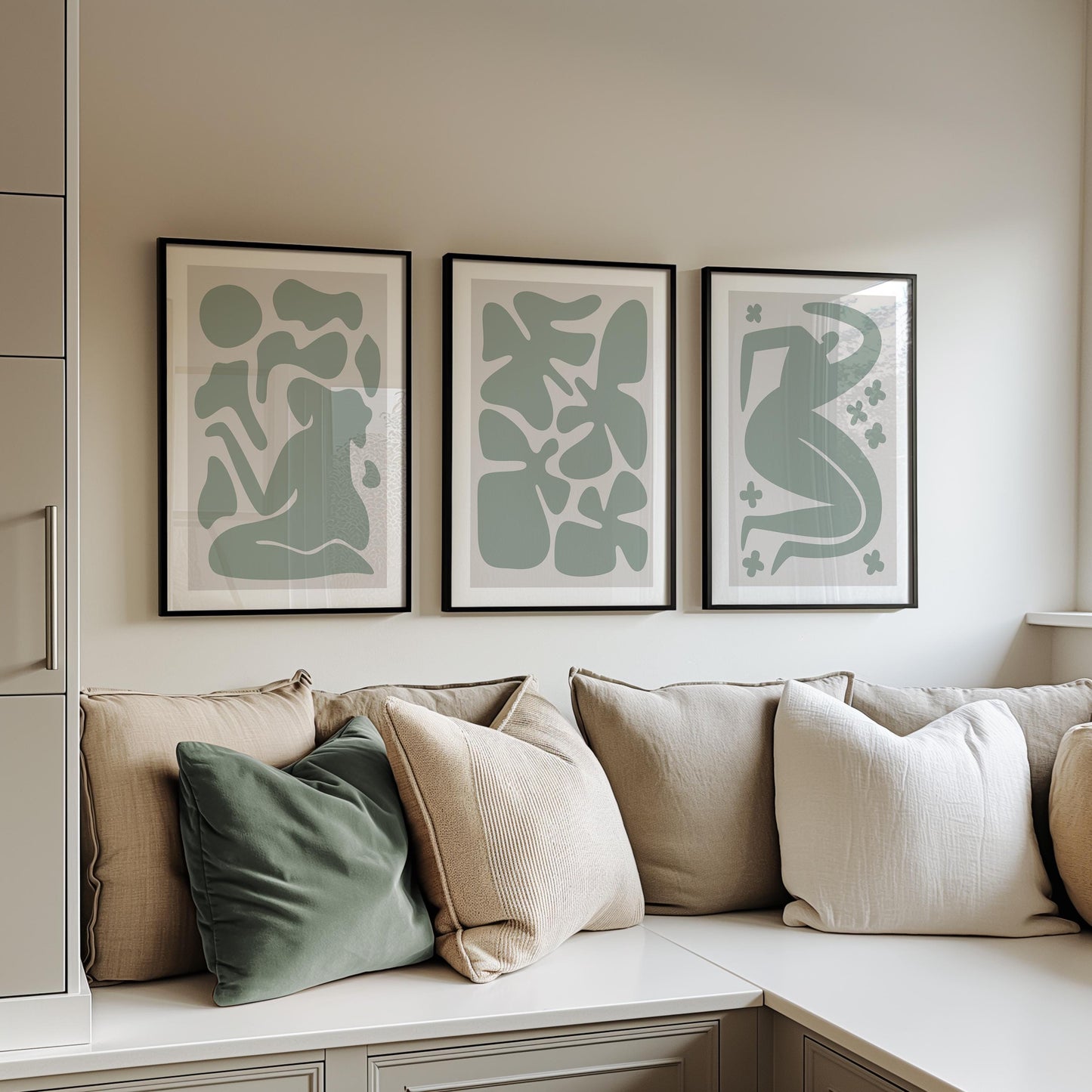 Abstract Green Wall Art Set – Mid Century Modern Posters for Living Room, Minimalist Line Art Prints, Neutral Boho Home Decor B52