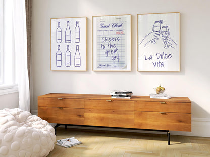 Minimalist Wine Bar Art Prints, La Dolce Vita, Cheers Poster Set (D143)