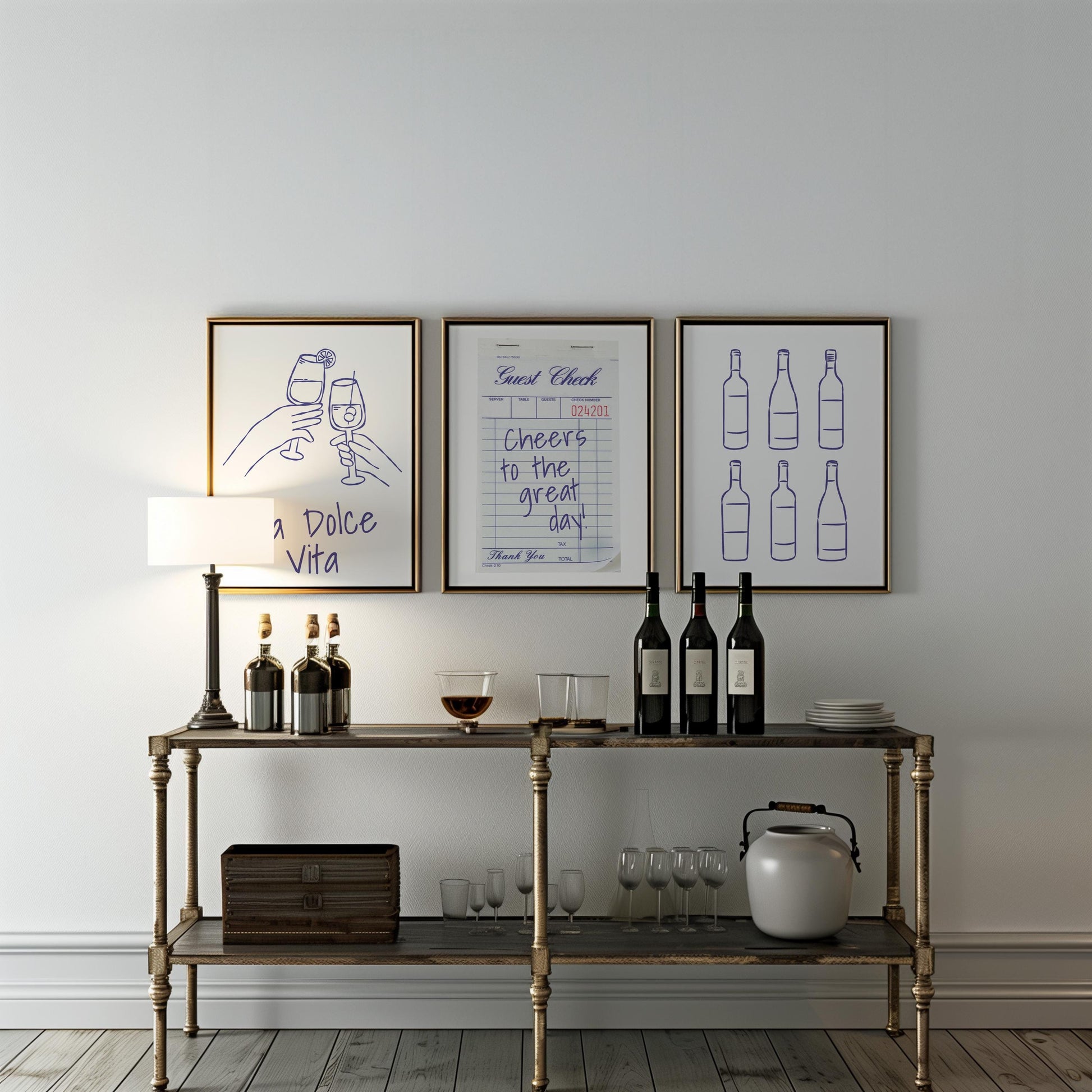 Minimalist Wine Bar Art Prints, La Dolce Vita, Cheers Poster Set (D143)