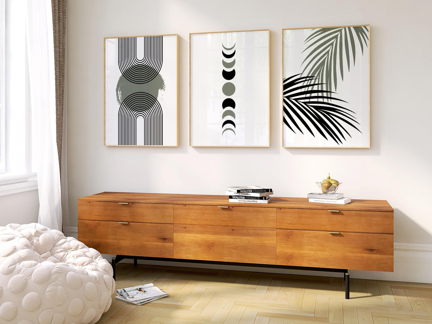 Neutral Boho Wall Art Set of 3: Geometric Arches, Moon Phases & Palm Leaf Prints, Modern Minimalist Decor for Living Room B060