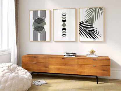 Neutral Boho Wall Art Set of 3: Geometric Arches, Moon Phases & Palm Leaf Prints, Modern Minimalist Decor for Living Room B060