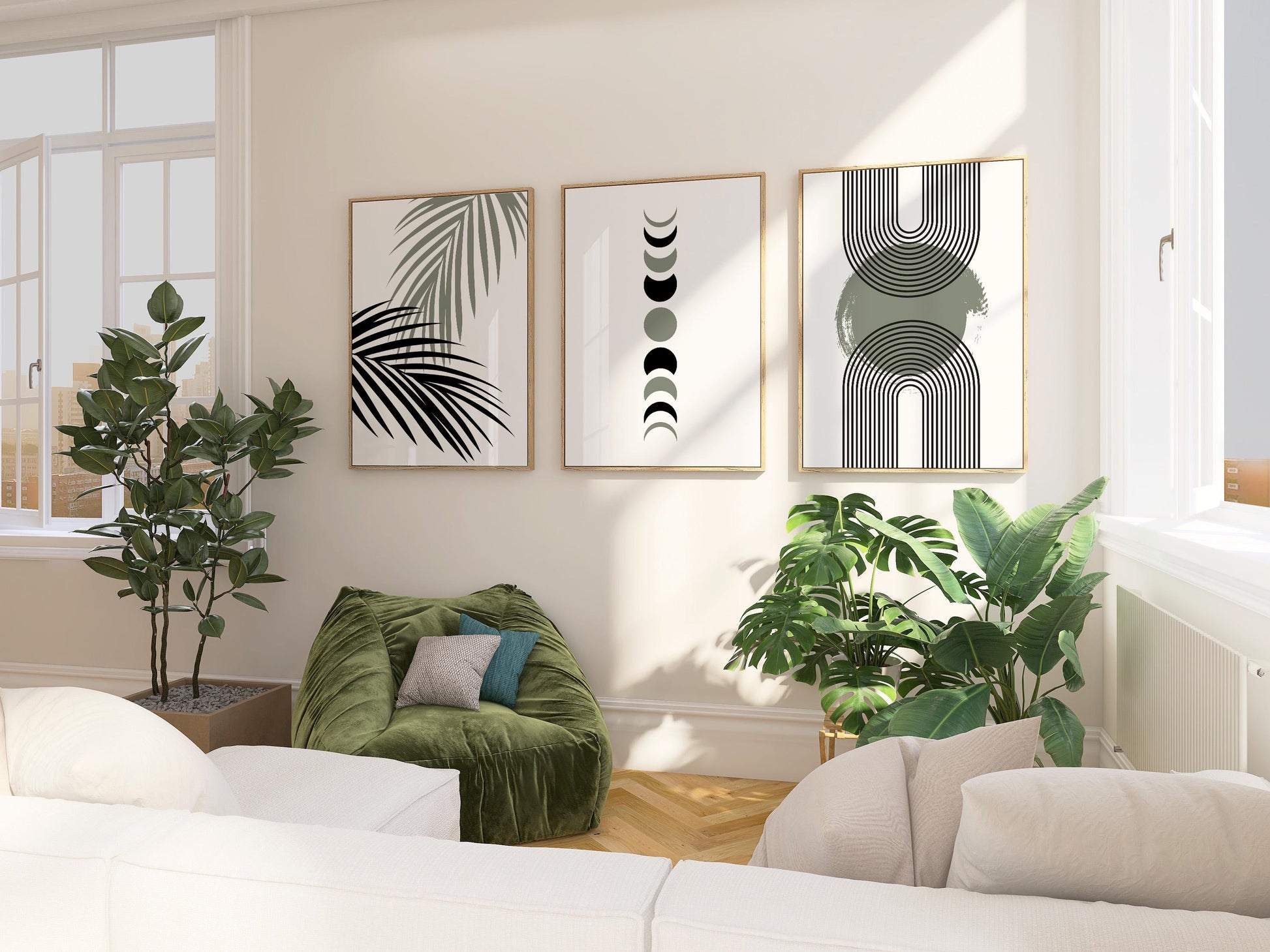 Neutral Boho Wall Art Set of 3: Geometric Arches, Moon Phases & Palm Leaf Prints, Modern Minimalist Decor for Living Room B060